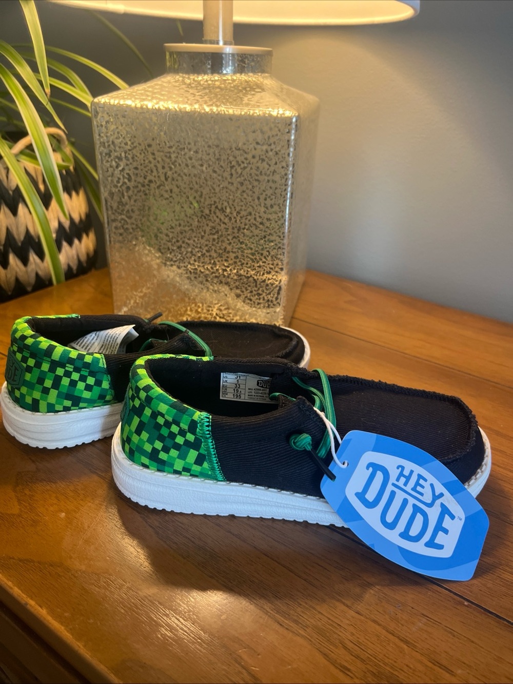 Hey Dude Kids minecraft- black and Bright Green Checker Slip-On Sneakers